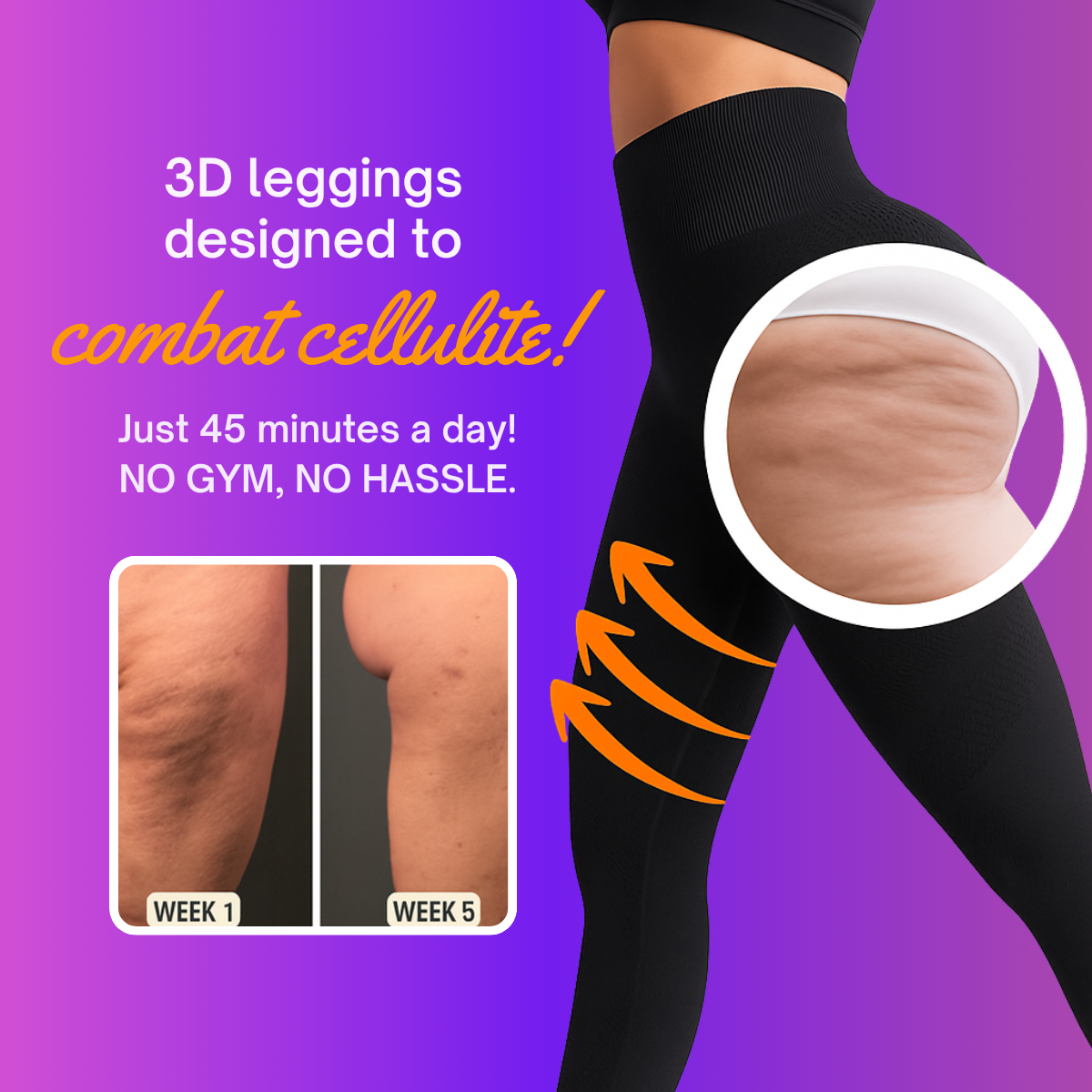 Woman in black high-waist 3D leggings with zoom circle on cellulite, orange arrows and week 1 vs week 5 before/after panel