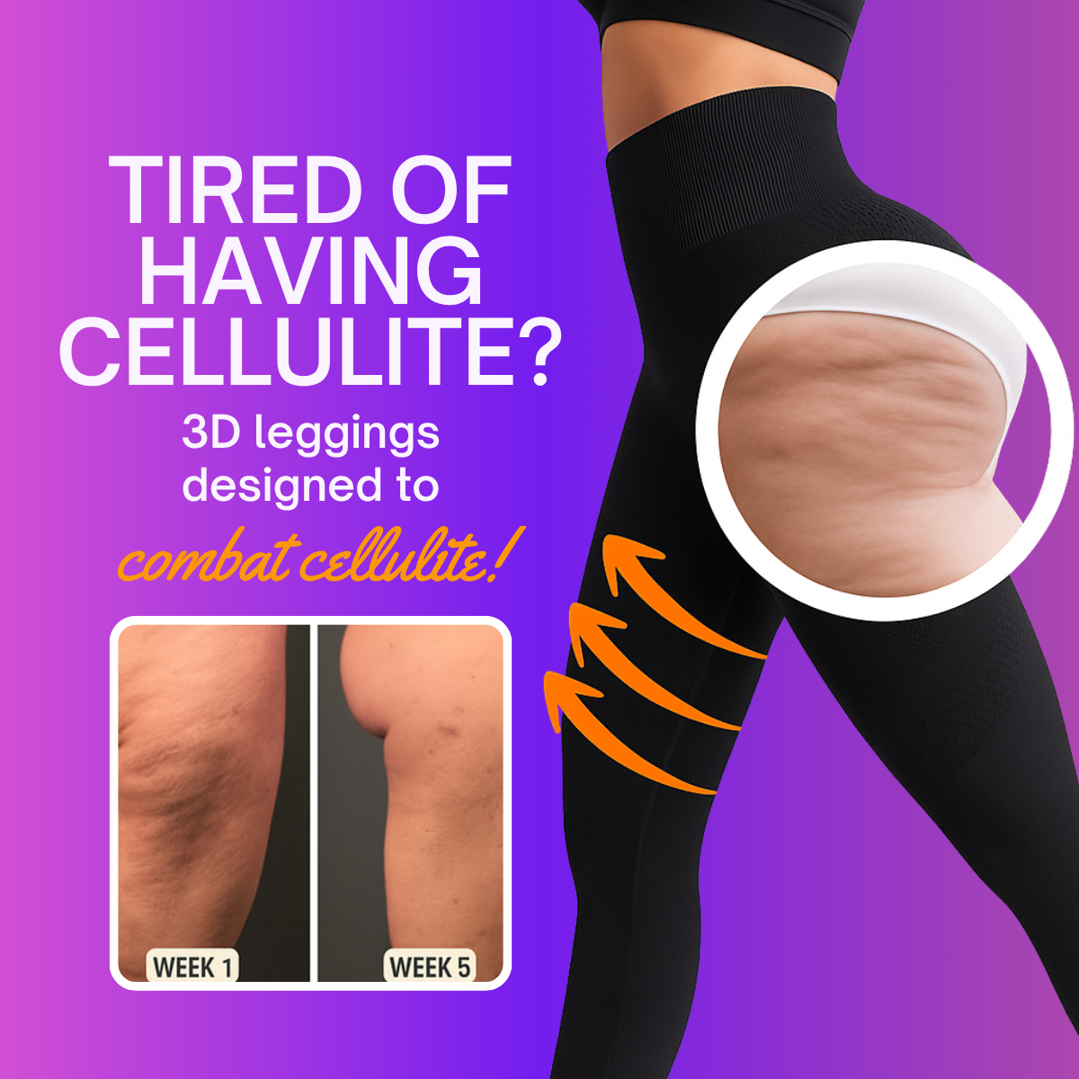 Tired of having cellulite? ad: woman in black 3D leggings, cellulite zoom circle and week 1 vs week 5 photos