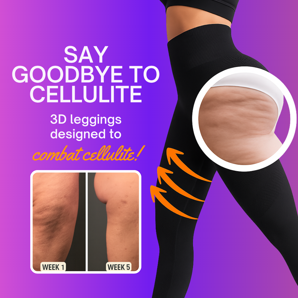 Purple ad reading Say goodbye to cellulite with woman in black 3D leggings, cellulite zoom circle and week 1 vs week 5 photos