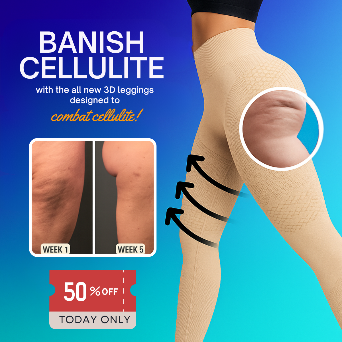 Blue ad Banish cellulite: nude honeycomb 3D leggings, black arrows, cellulite zoom, week 1 vs week 5 and 50% off coupon