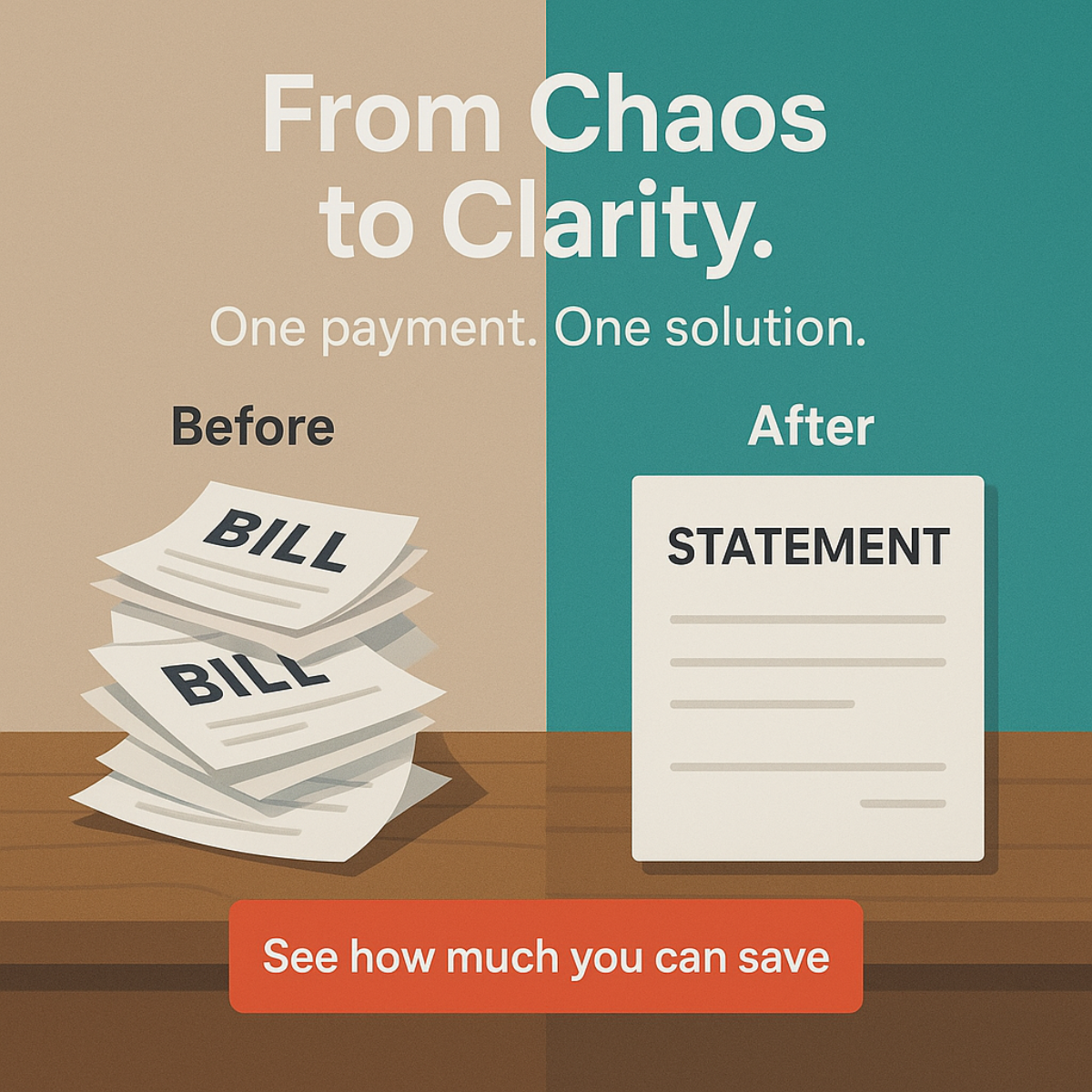 Split-screen ad: messy stack of bills on beige left, one clean statement on teal right, orange savings CTA button.