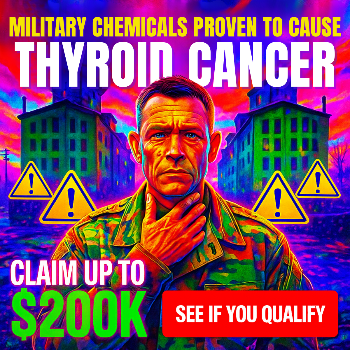 Neon painted soldier touching his throat between barracks with warning signs, text about thyroid cancer and $200K claim.