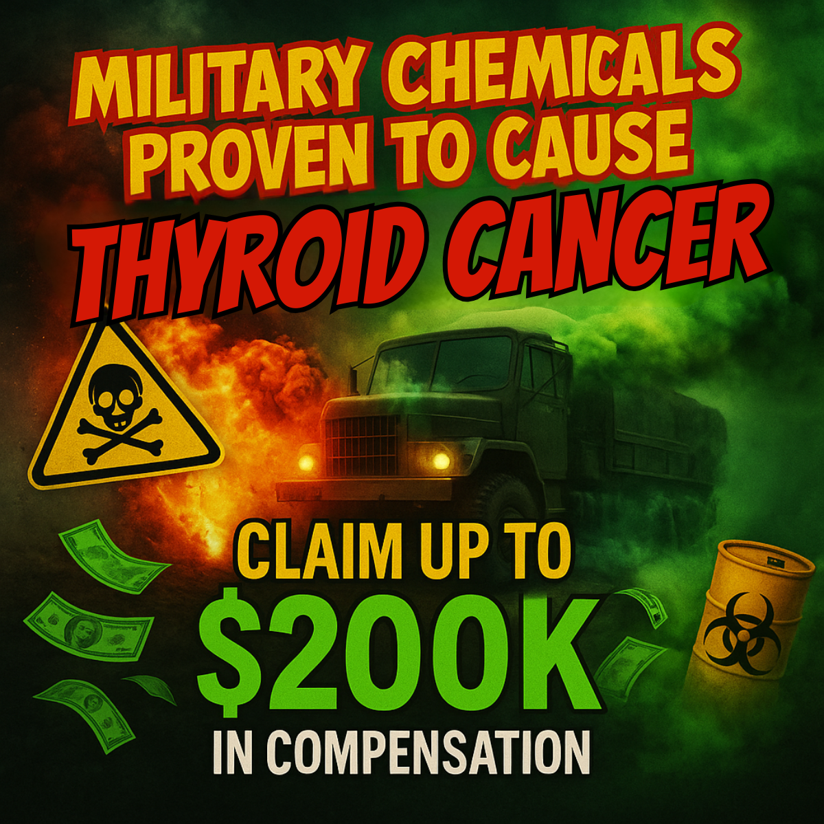 Military truck in green toxic smoke with skull sign, biohazard barrel and cash; text offers $200K thyroid cancer claim.