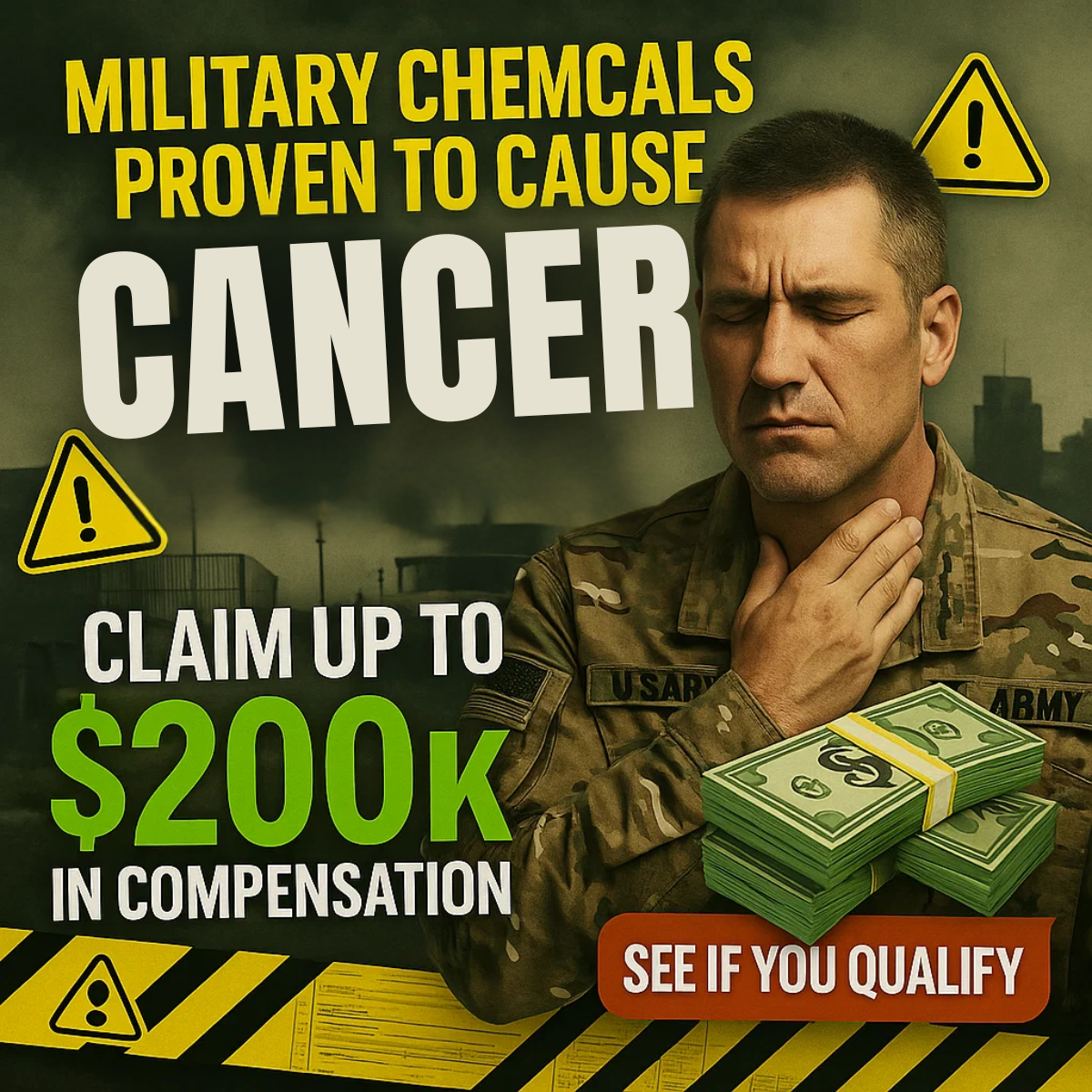 Soldier in US Army uniform holding his throat, eyes closed, with cash stack, hazard tape and $200K cancer claim text.