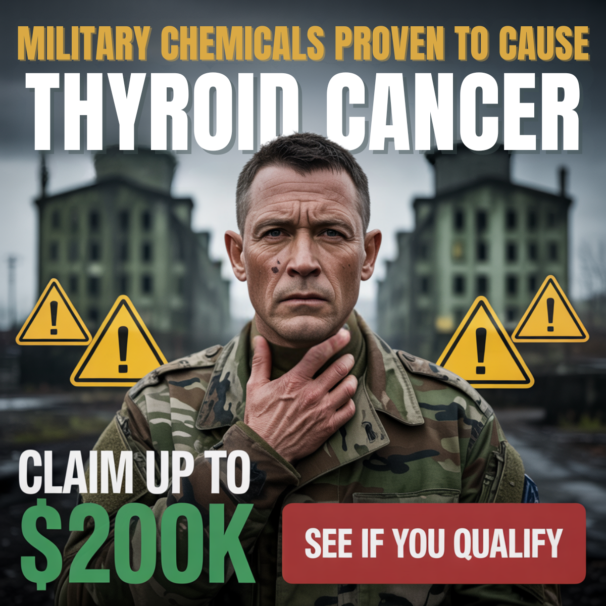 Realistic soldier holding his throat in front of grey barracks with warning signs and $200K thyroid claim text.