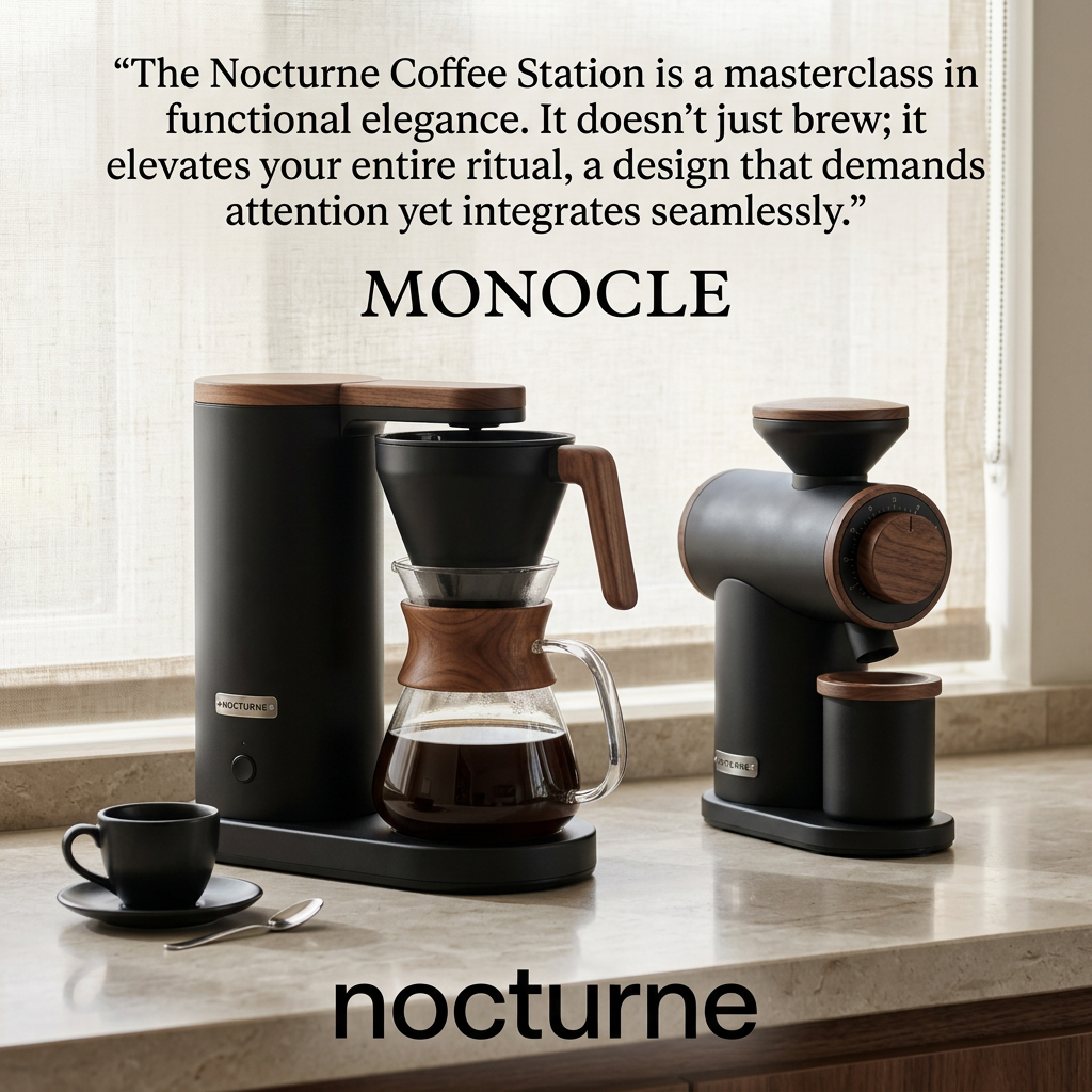 Matte black and walnut coffee brewer and grinder on a stone counter, under a magazine quote and nocturne logo.