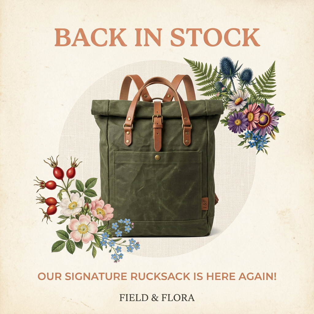 Olive waxed canvas rucksack with tan leather straps framed by botanical flowers on cream, with Back in Stock headline.
