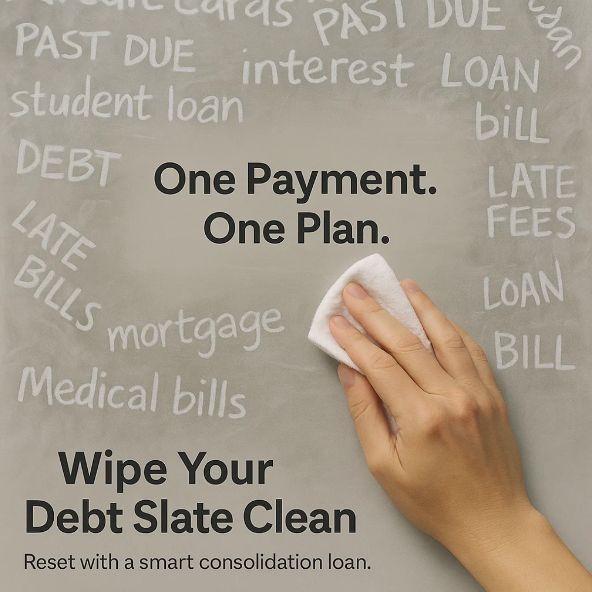 Hand wiping a grey chalkboard covered in debt words like past due and late fees, revealing One Payment. One Plan. text.