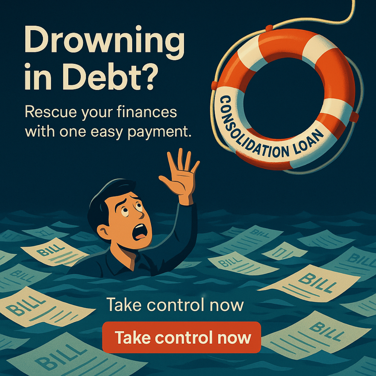 Illustration of a worried man drowning in a sea of bills reaching for an orange lifebuoy labelled Consolidation Loan