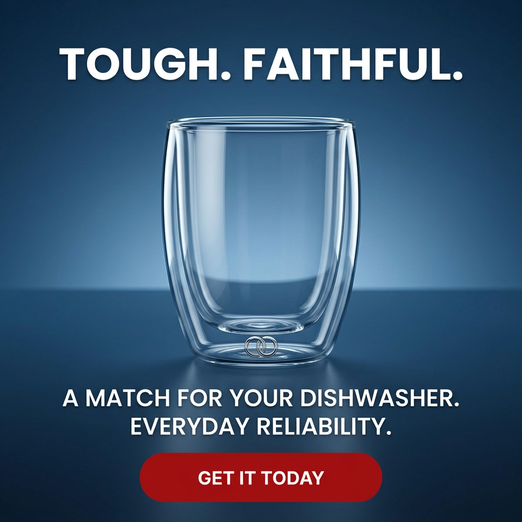 Clear double-wall glass tumbler on a blue gradient background with headline Tough. Faithful. and red Get It Today button