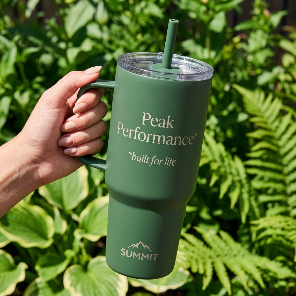 Hand holding a sage green Summit insulated tumbler with handle and straw against a background of ferns and hosta leaves
