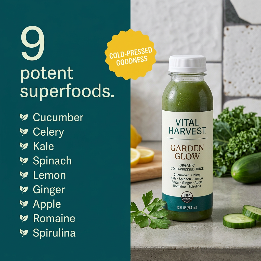 Split ad with teal panel listing 9 superfoods beside a Vital Harvest Garden Glow cold-pressed juice bottle on a counter