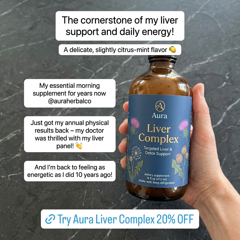 Hand holding an amber Aura Liver Complex supplement bottle on dark marble with white first-person review text bubbles