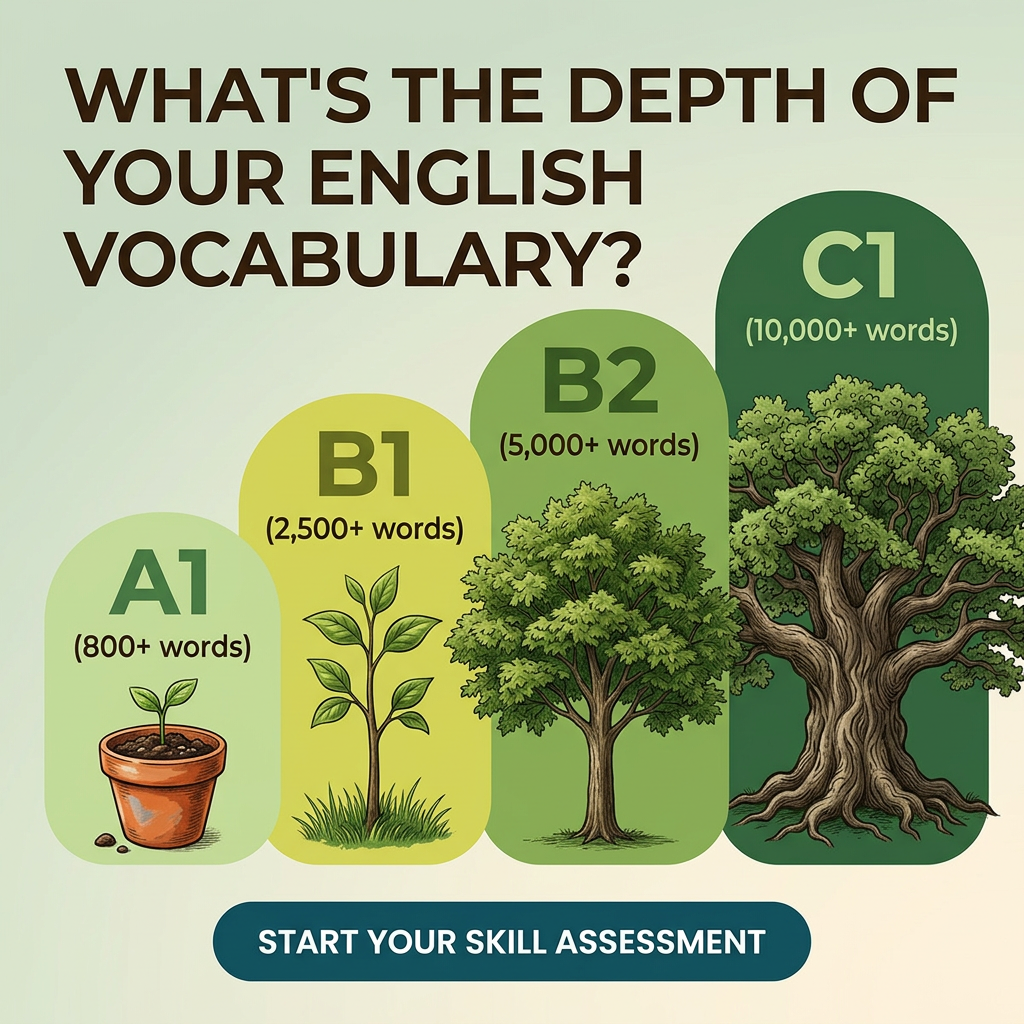 Four green bars showing English levels A1 to C1 illustrated as a seedling, sapling, tree and large oak with word counts