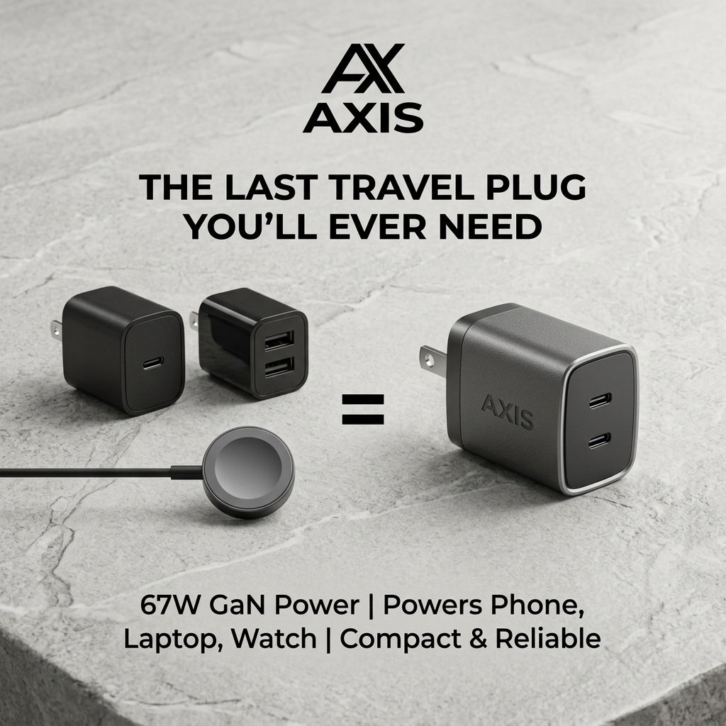 Three separate chargers and an equals sign next to a single compact Axis 67W GaN charger with two USB-C ports on grey stone