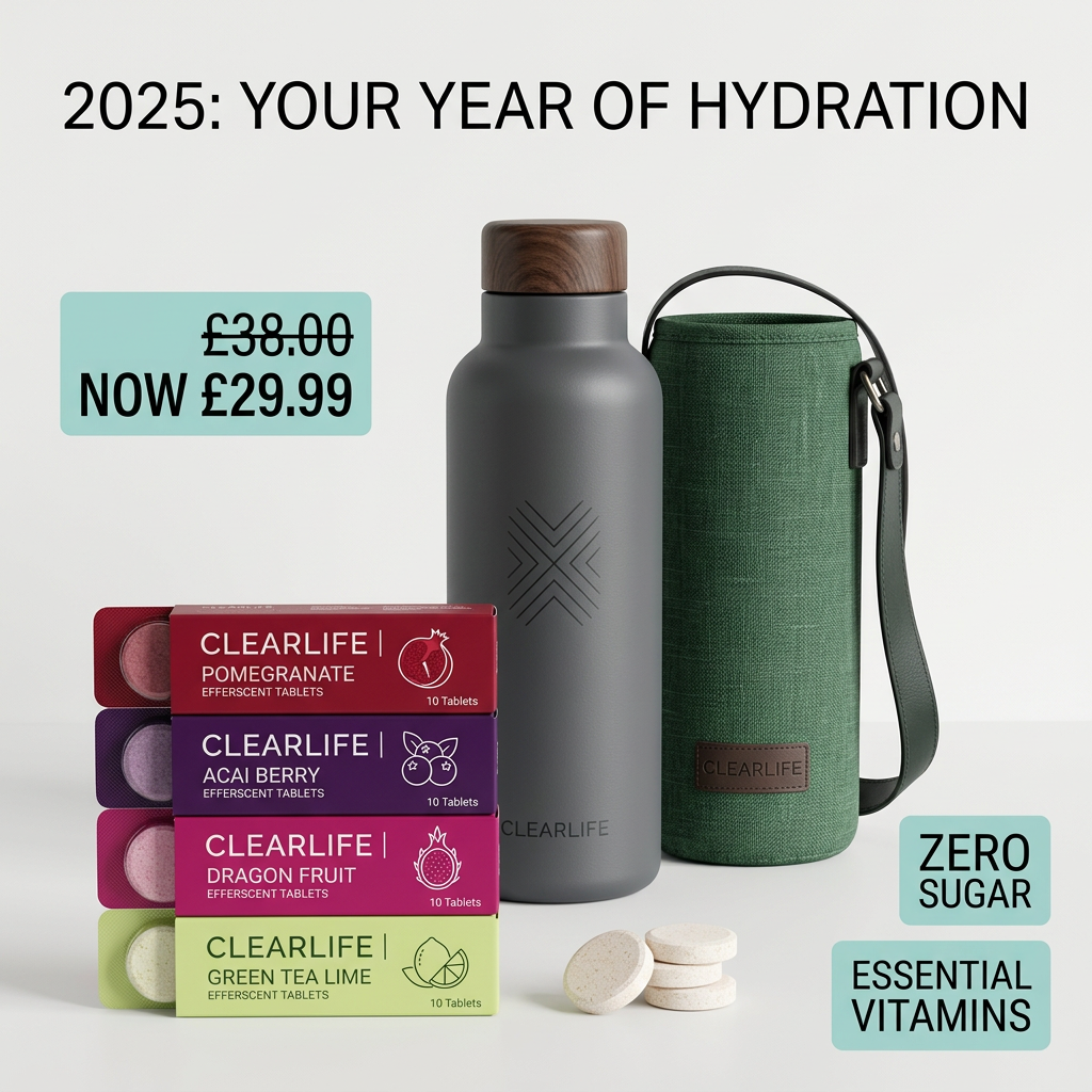 Clearlife hydration bundle with grey bottle, green carry sleeve and four boxes of effervescent tablets, priced £29.99