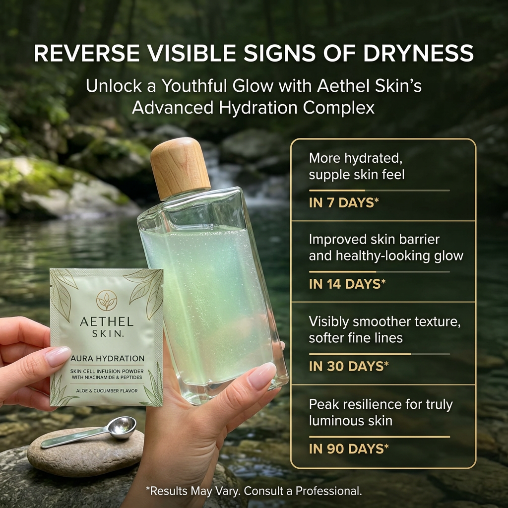 Hands holding an Aethel Skin hydration sachet and green drink by a forest stream beside a 7 to 90 day results timeline