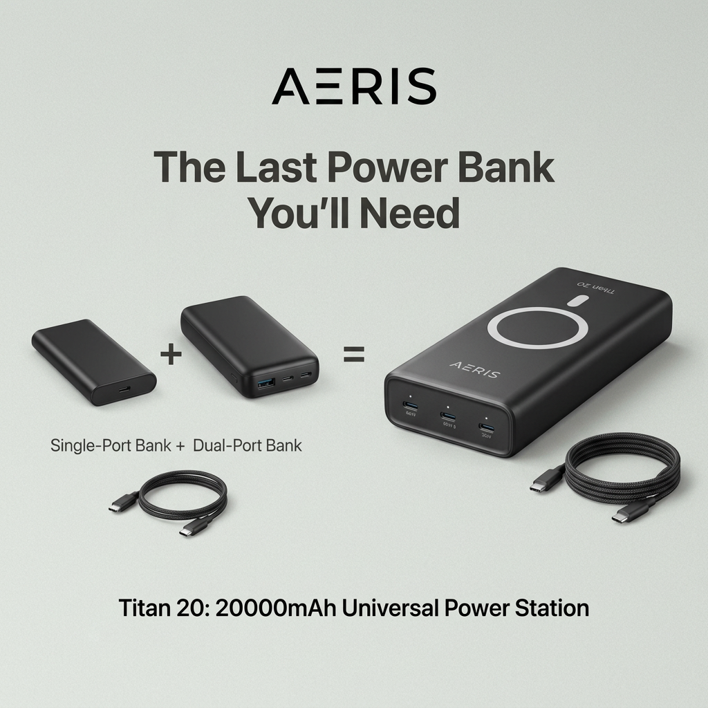 Single-port and dual-port power banks plus an equals sign next to one large black Aeris Titan 20 power bank with cables