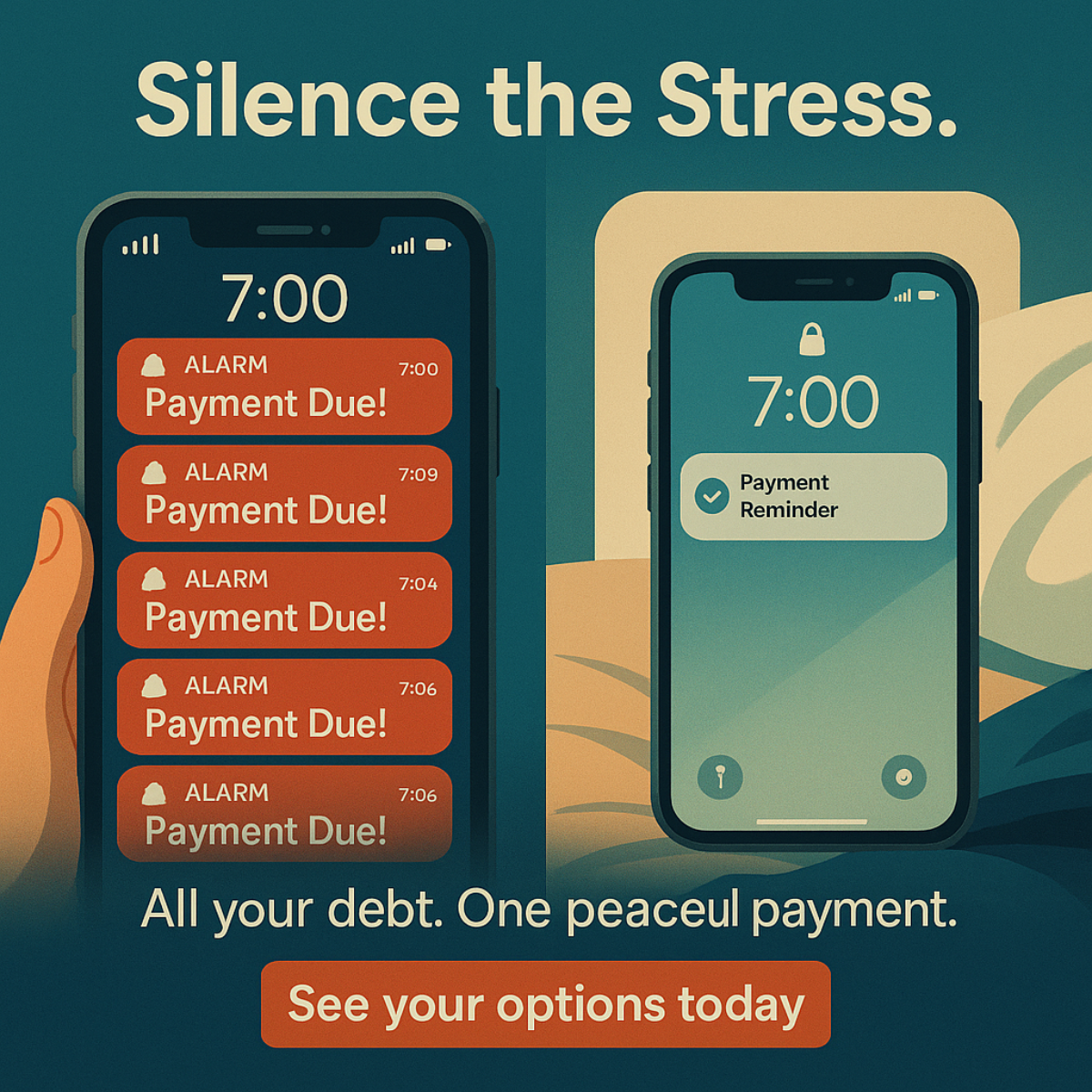 Illustration of a phone full of red Payment Due alarms beside a calm phone with one payment reminder on a teal background