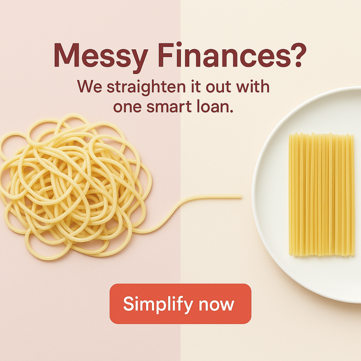 Tangled cooked spaghetti on pink beside neat straight dry spaghetti on a white plate, headline Messy Finances
