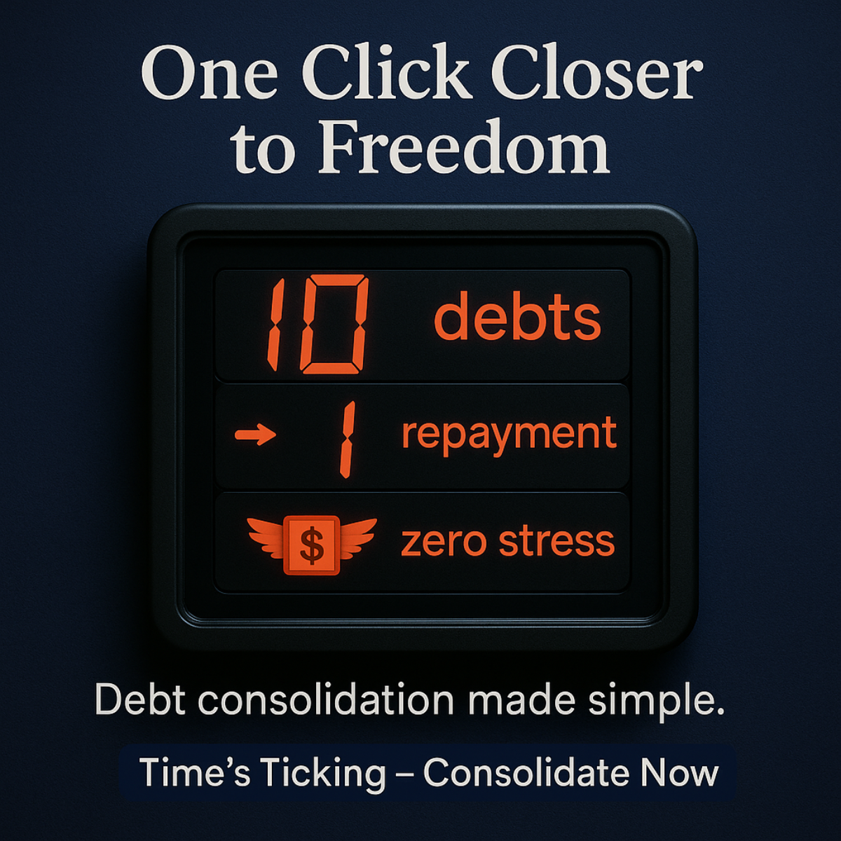 Black digital display with orange numbers reading 10 debts, 1 repayment, zero stress on a dark navy background