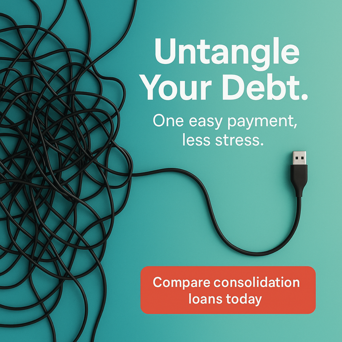 Tangled black cable flowing into one straight USB plug on a teal background with headline Untangle Your Debt