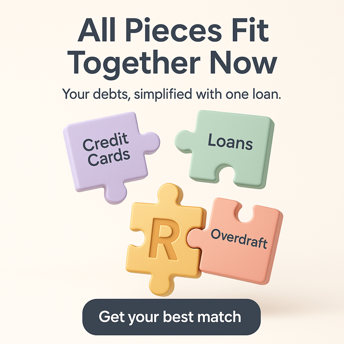 Pastel 3D puzzle pieces labelled Credit Cards, Loans, Overdraft and R fitting together on a cream background