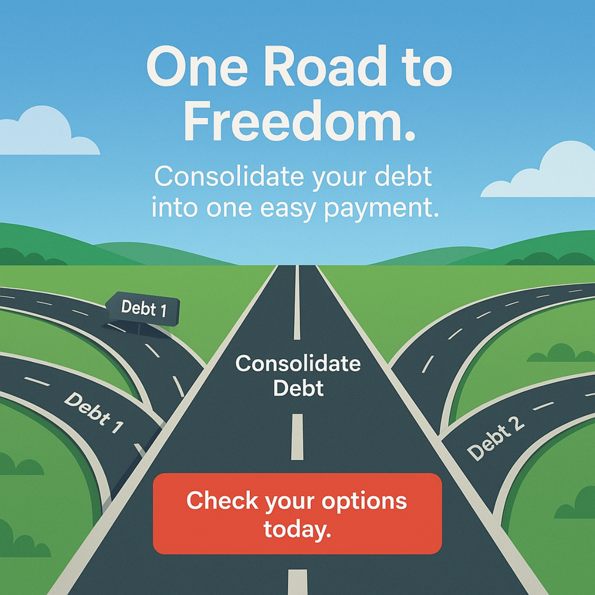 Illustration of side roads labelled Debt 1 and Debt 2 beside a straight central road labelled Consolidate Debt under blue sky