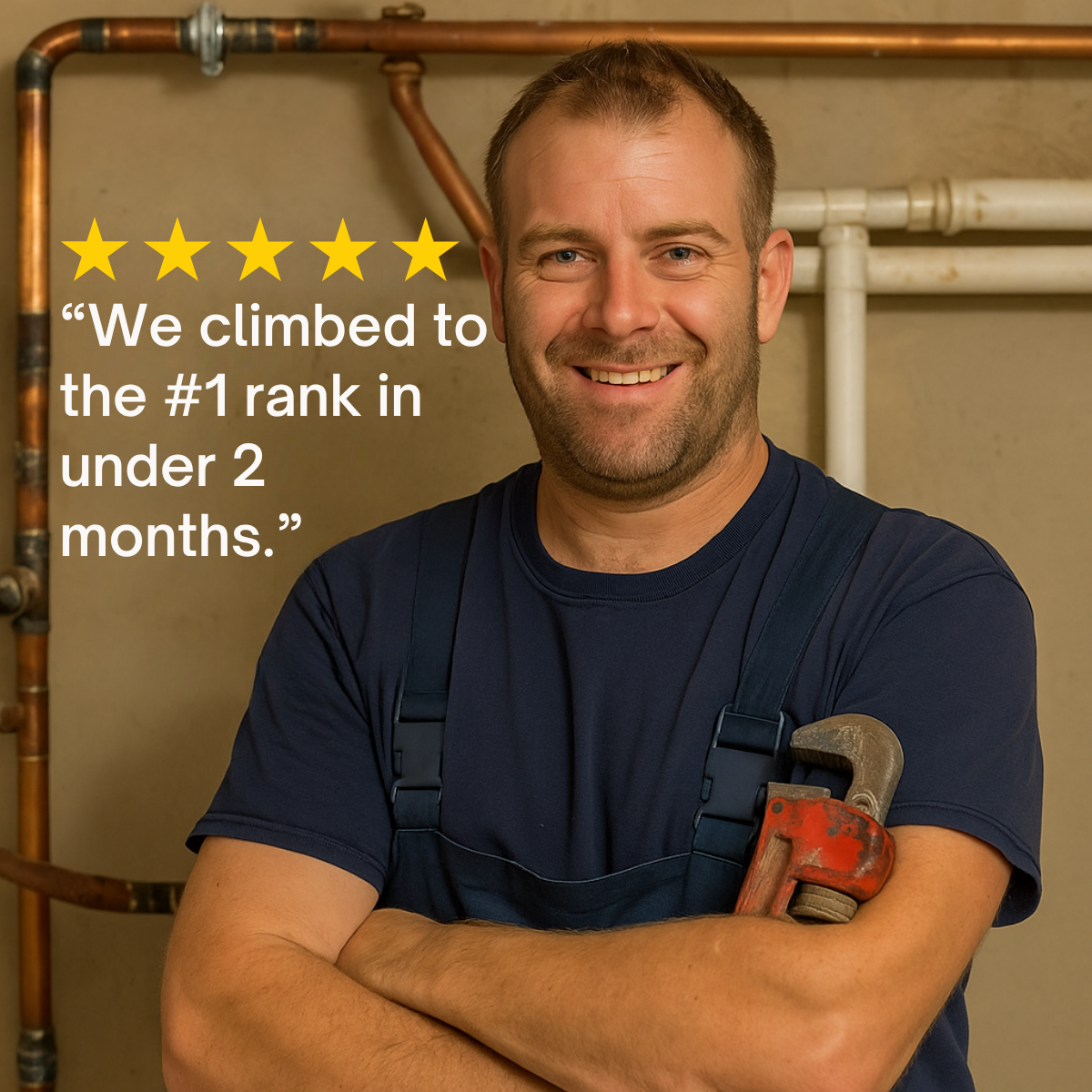 Smiling plumber with a pipe wrench in front of copper pipes, five gold stars and quote about reaching #1 rank