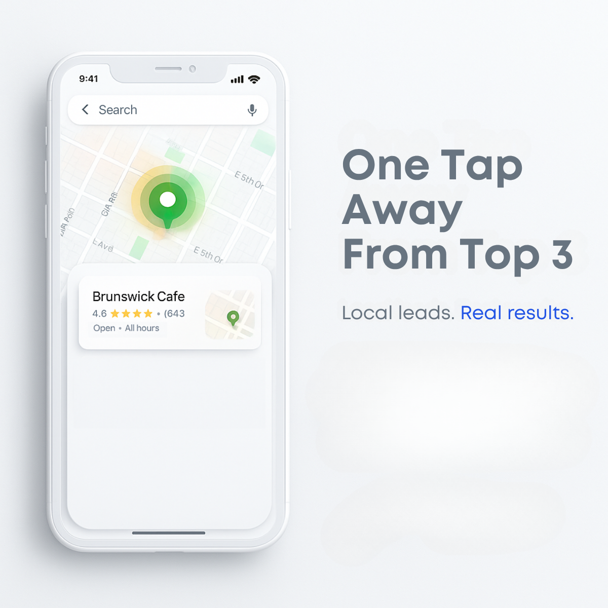 White phone showing a map search with a green pin and Brunswick Cafe listing, headline One Tap Away From Top 3