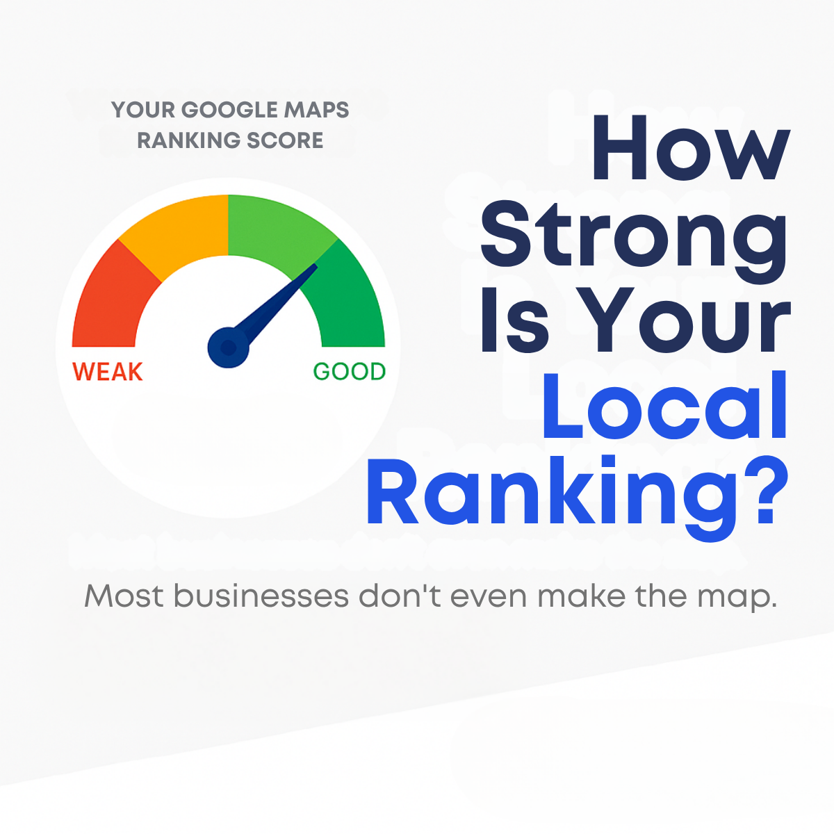 Speedometer gauge from weak to good labeled Google Maps ranking score, headline How Strong Is Your Local Ranking?
