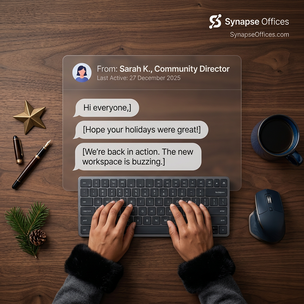 Hands typing on a keyboard on a wooden desk with a chat overlay from a community director saying the workspace is back
