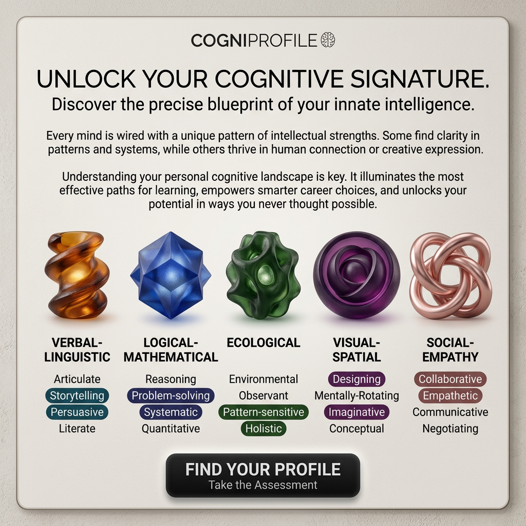 CogniProfile ad with five colourful 3D shapes for verbal, logical, ecological, visual and social intelligence