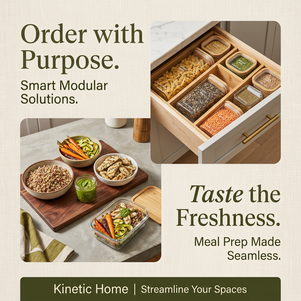 Split ad showing a drawer of glass jars with pasta and lentils and a counter with meal prep bowls, quinoa, chicken and pesto
