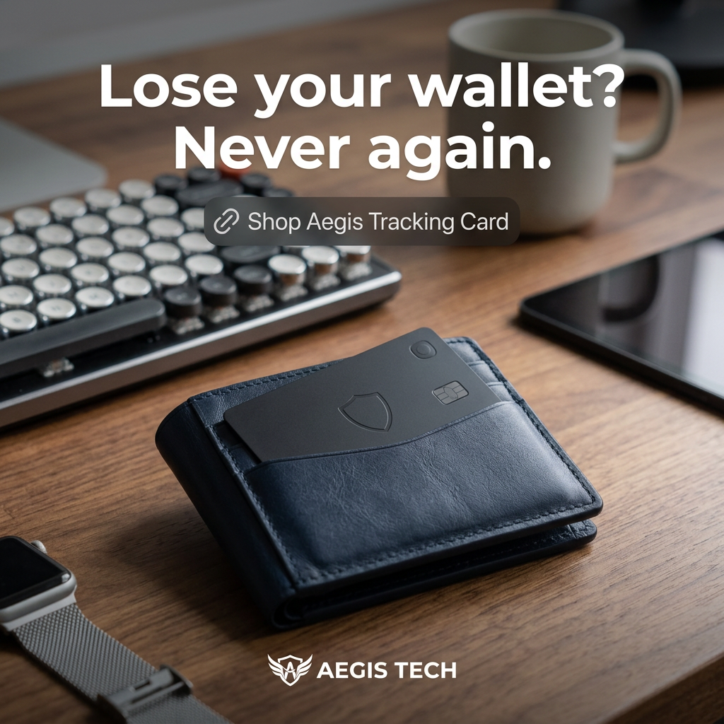Black tracking card with a shield logo in a navy leather wallet on a wooden desk with keyboard, mug, tablet and smartwatch