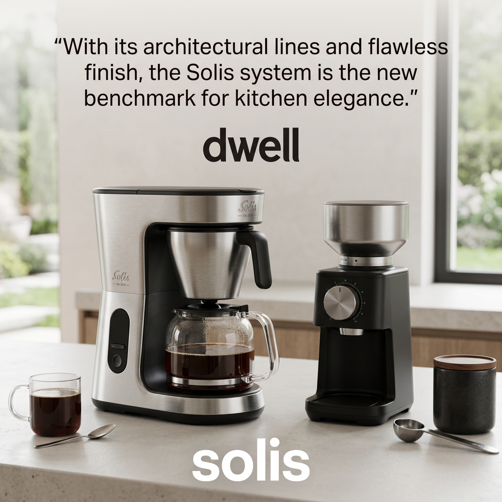 Brushed steel filter coffee maker and black burr grinder on a stone counter under a press quote about kitchen elegance