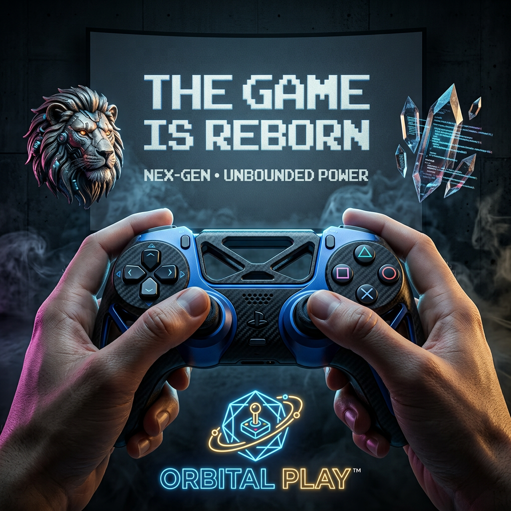 Hands holding a black carbon fibre controller with blue accents under a pixel headline, robotic lion and neon logo