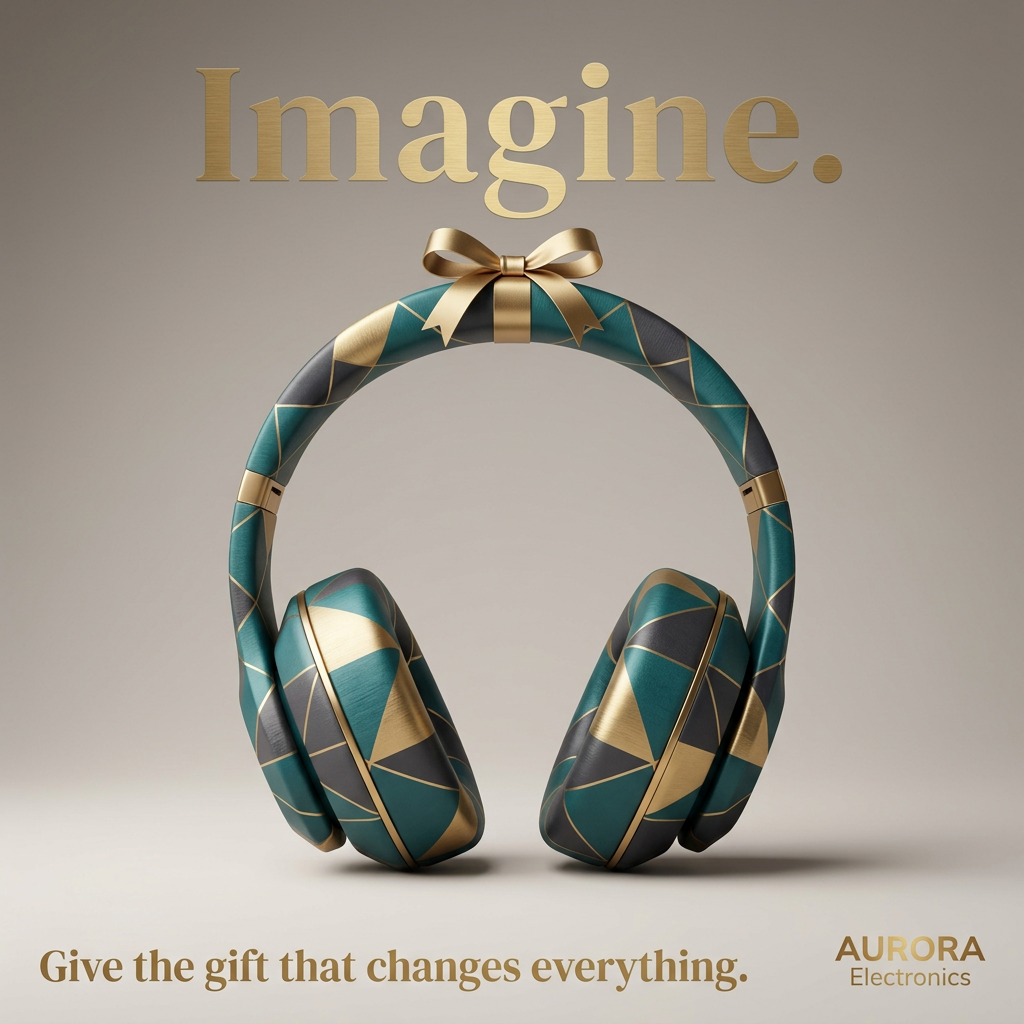 Over-ear headphones with a teal, grey and gold geometric pattern and a gold bow on top, under the gold word Imagine