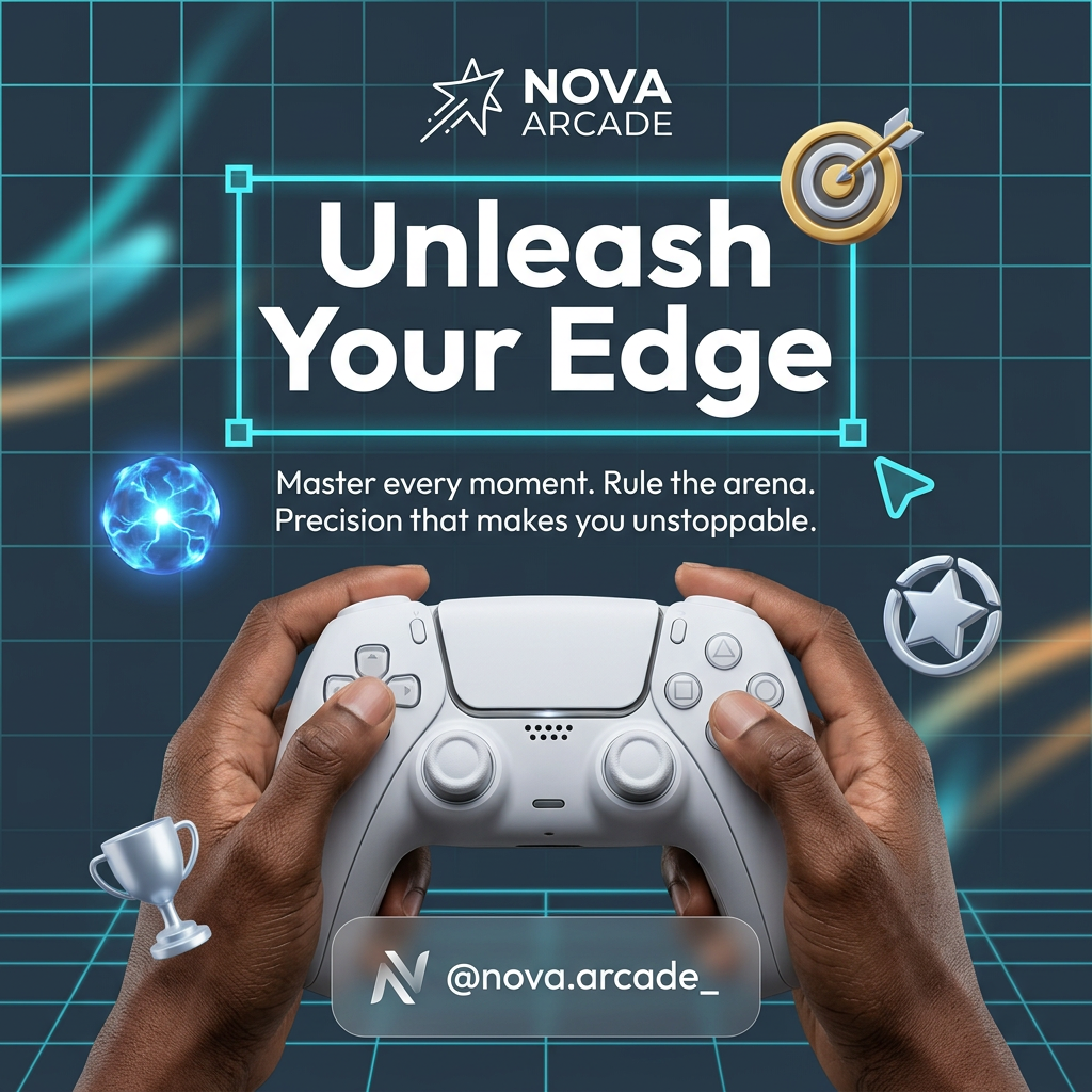 Hands holding a white game controller on a teal neon grid with a trophy, target, energy orb and star badge
