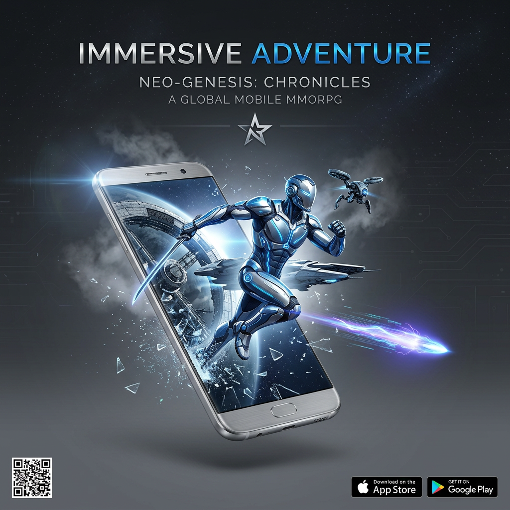Blue armoured cyber warrior with a sword leaping out of a smartphone screen in shattering glass, with app store badges