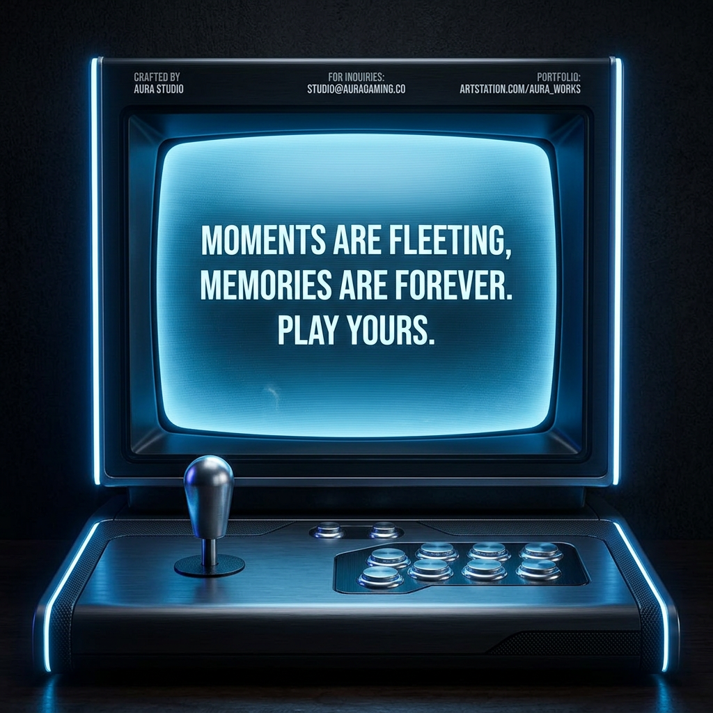 Dark arcade cabinet with blue neon edges, joystick and buttons, glowing CRT screen reading moments are fleeting, play yours