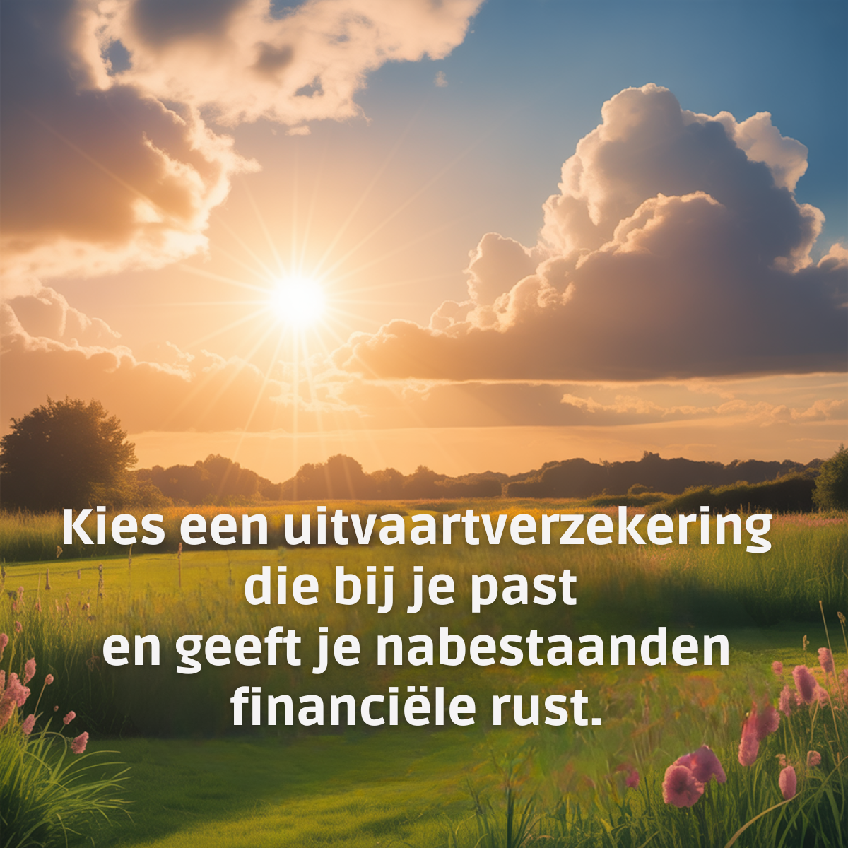 Golden sunset over a green meadow with pink wildflowers and white Dutch text about funeral insurance.