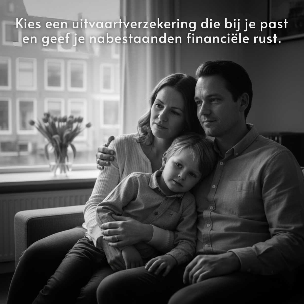 Black-and-white photo of a mother, father and young son on a sofa by a window, with Dutch funeral insurance text on top.