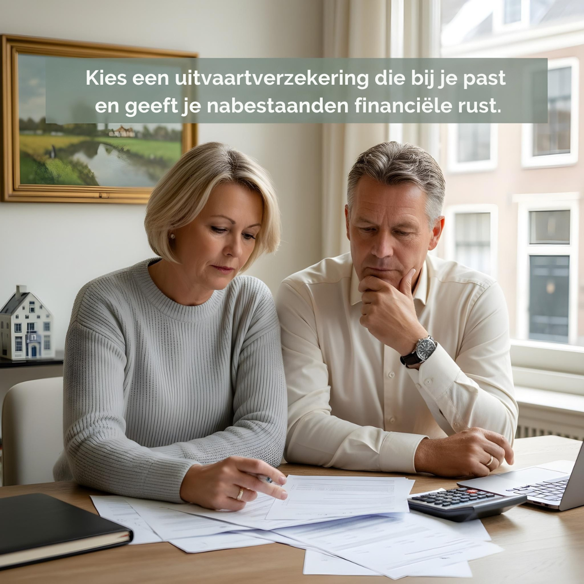 Middle-aged couple at a table reviewing documents with a calculator and laptop, Dutch insurance text in a green box above.
