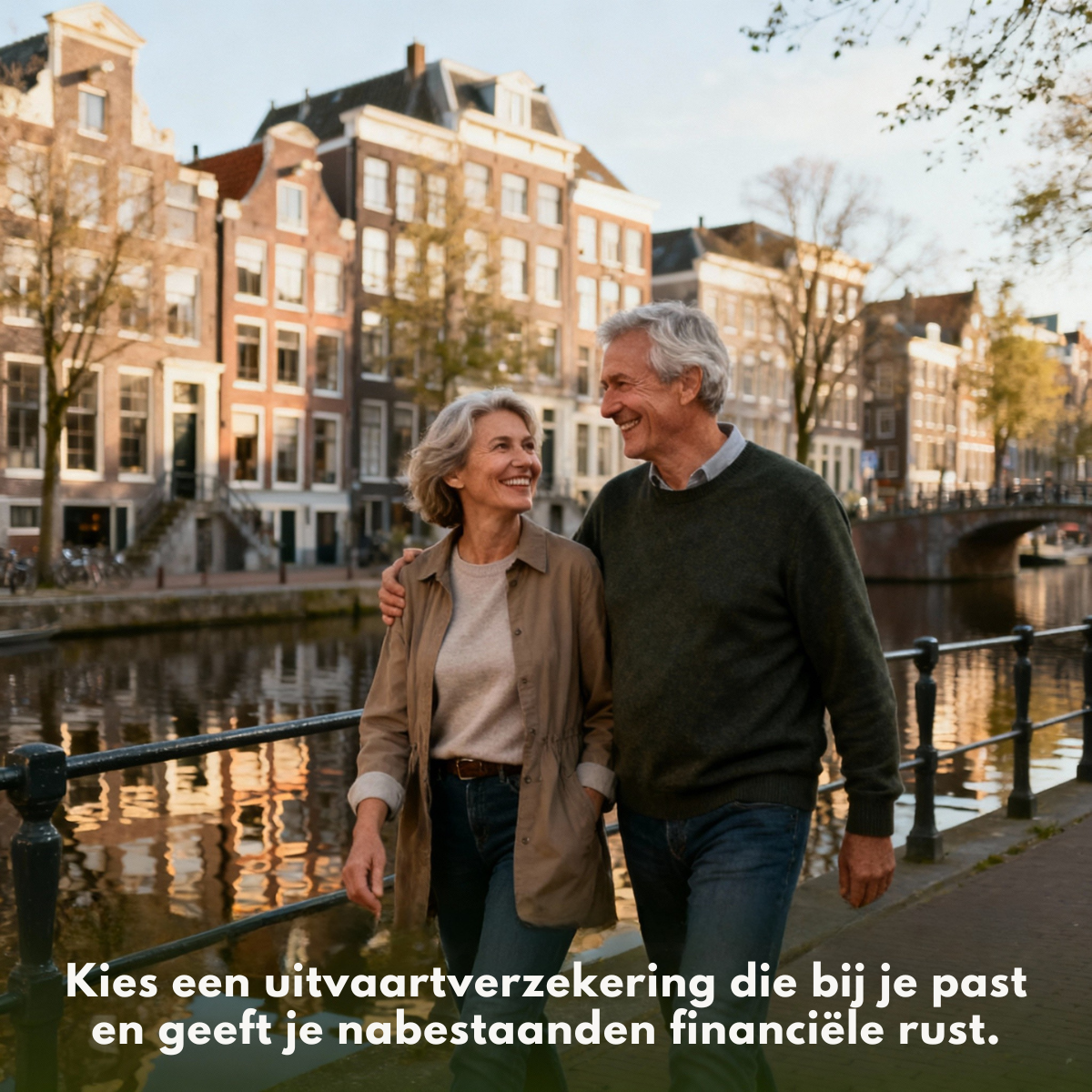Smiling senior couple walking arm in arm along an Amsterdam canal at golden hour, Dutch insurance text at the bottom.