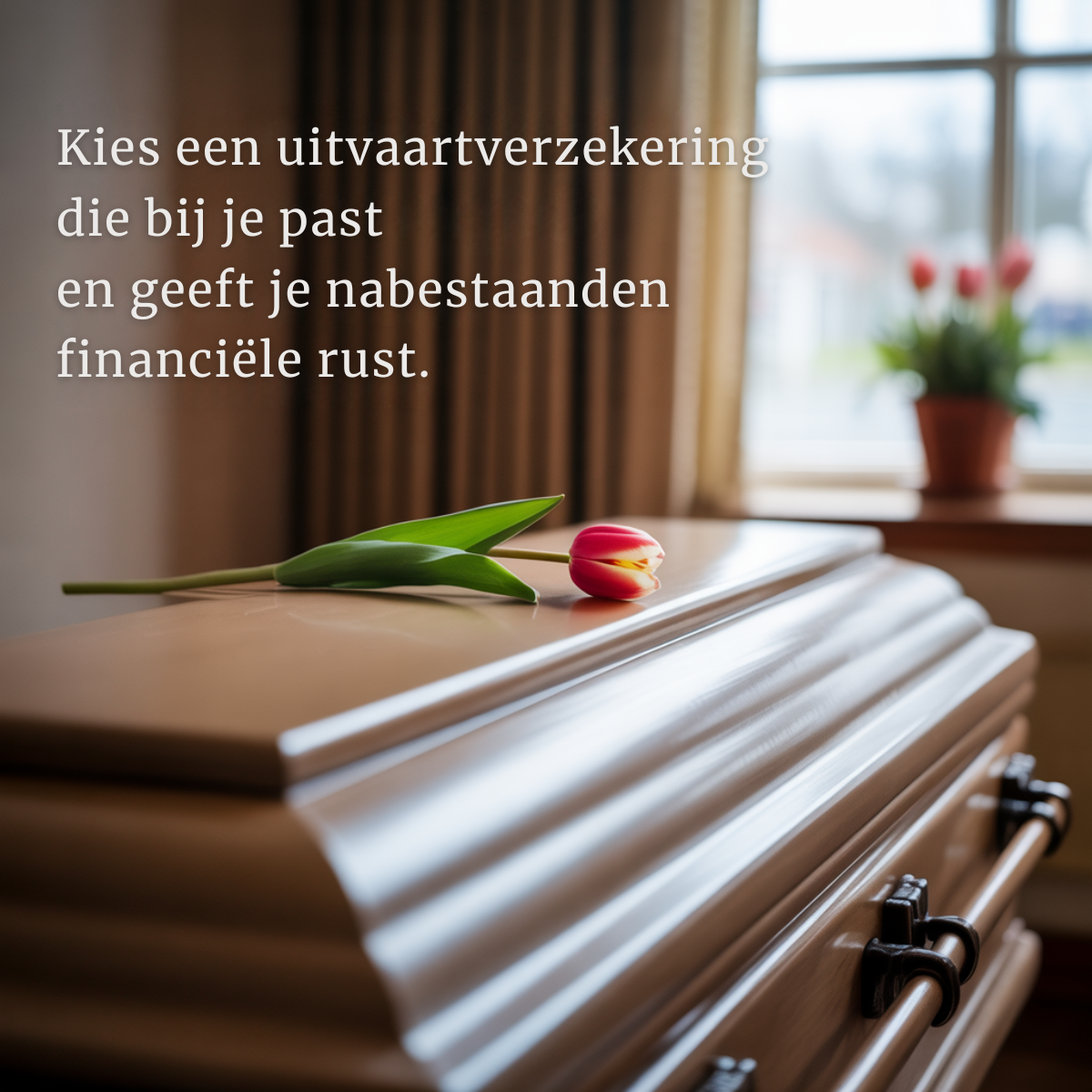 Polished wooden coffin with a single red tulip on the lid in a softly lit room, Dutch funeral insurance text top left.