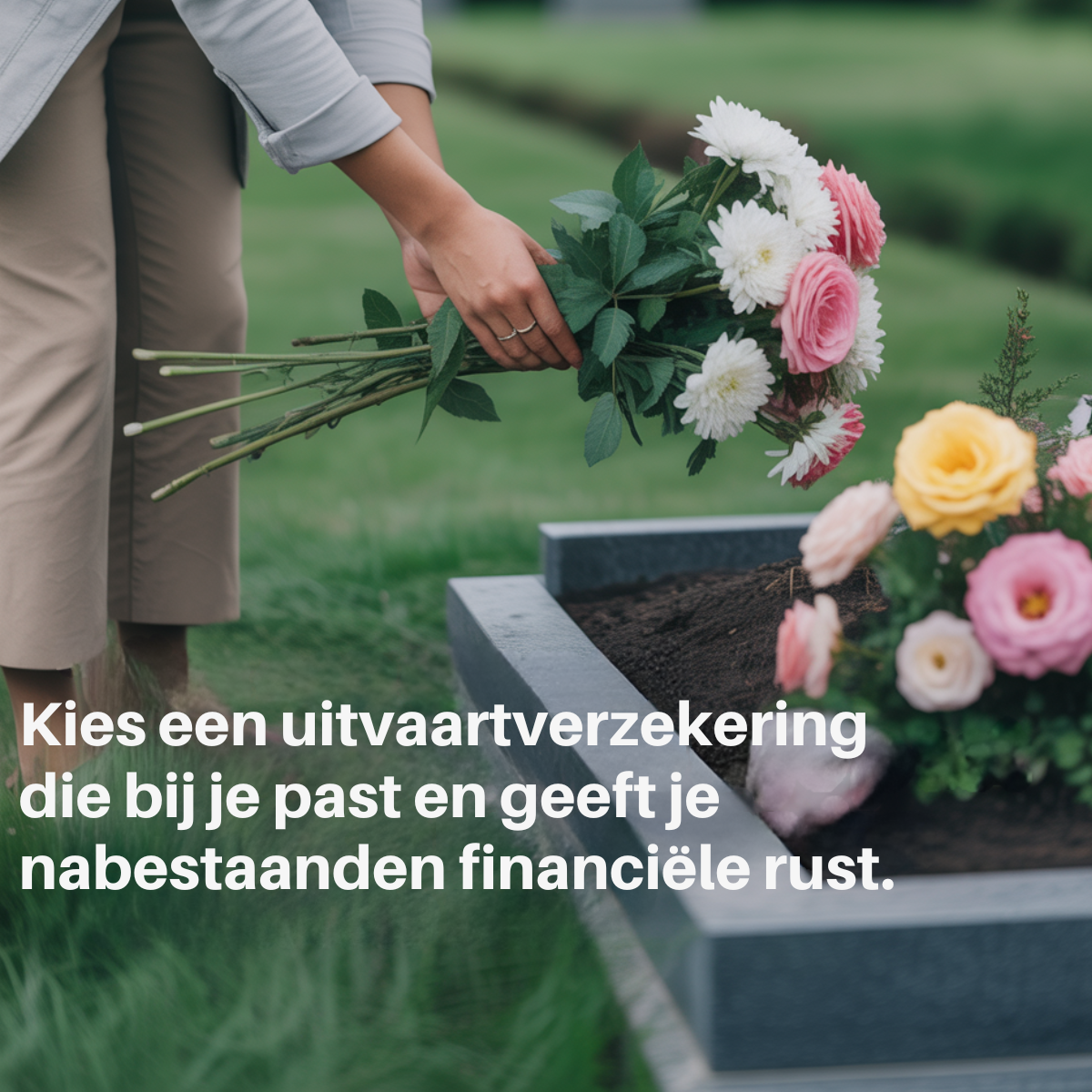 Hand placing a bouquet of white and pink flowers on a grave surrounded by green grass, Dutch insurance text bottom left.