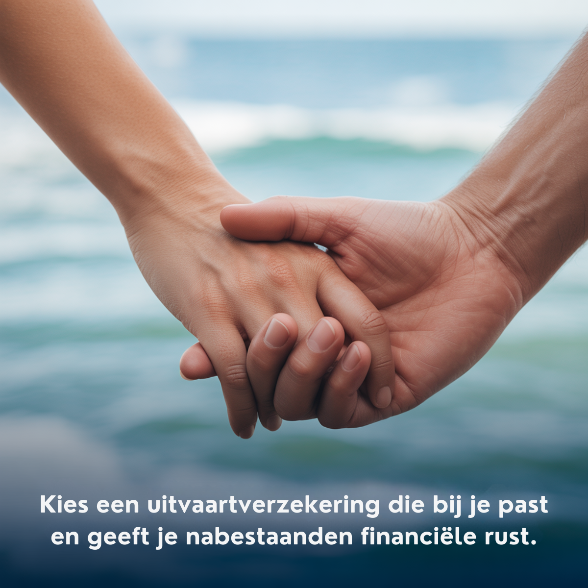 Close-up of two hands holding each other in front of a blurred sea, with Dutch insurance text over a dark blue gradient.