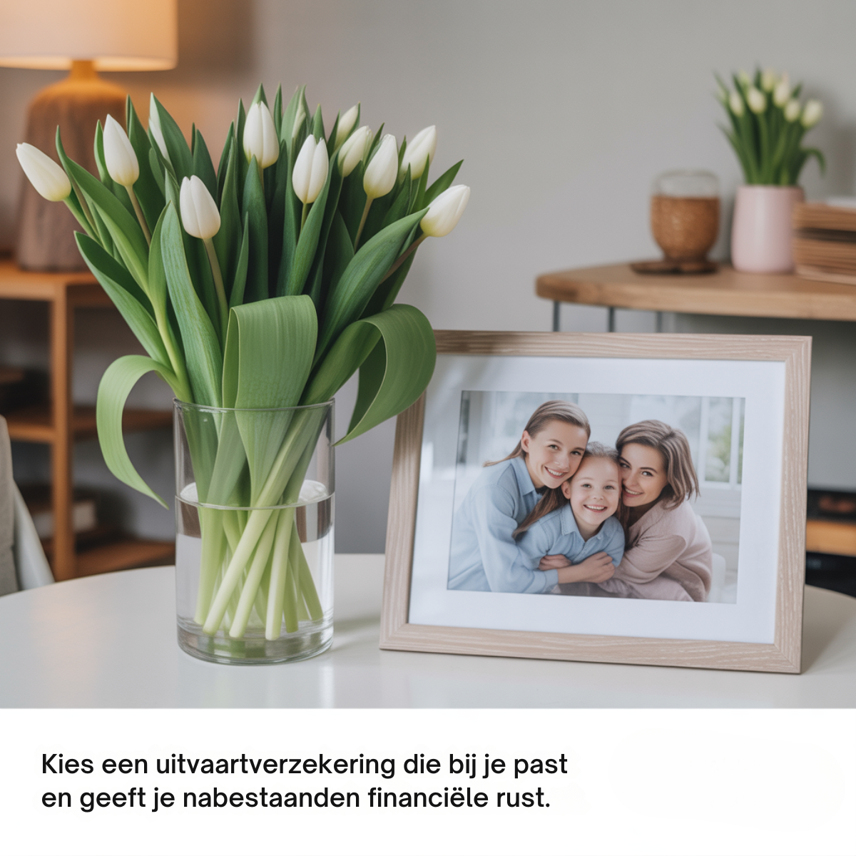 White tulips in a glass vase beside a framed photo of a smiling family on a white table, Dutch text on a white band.