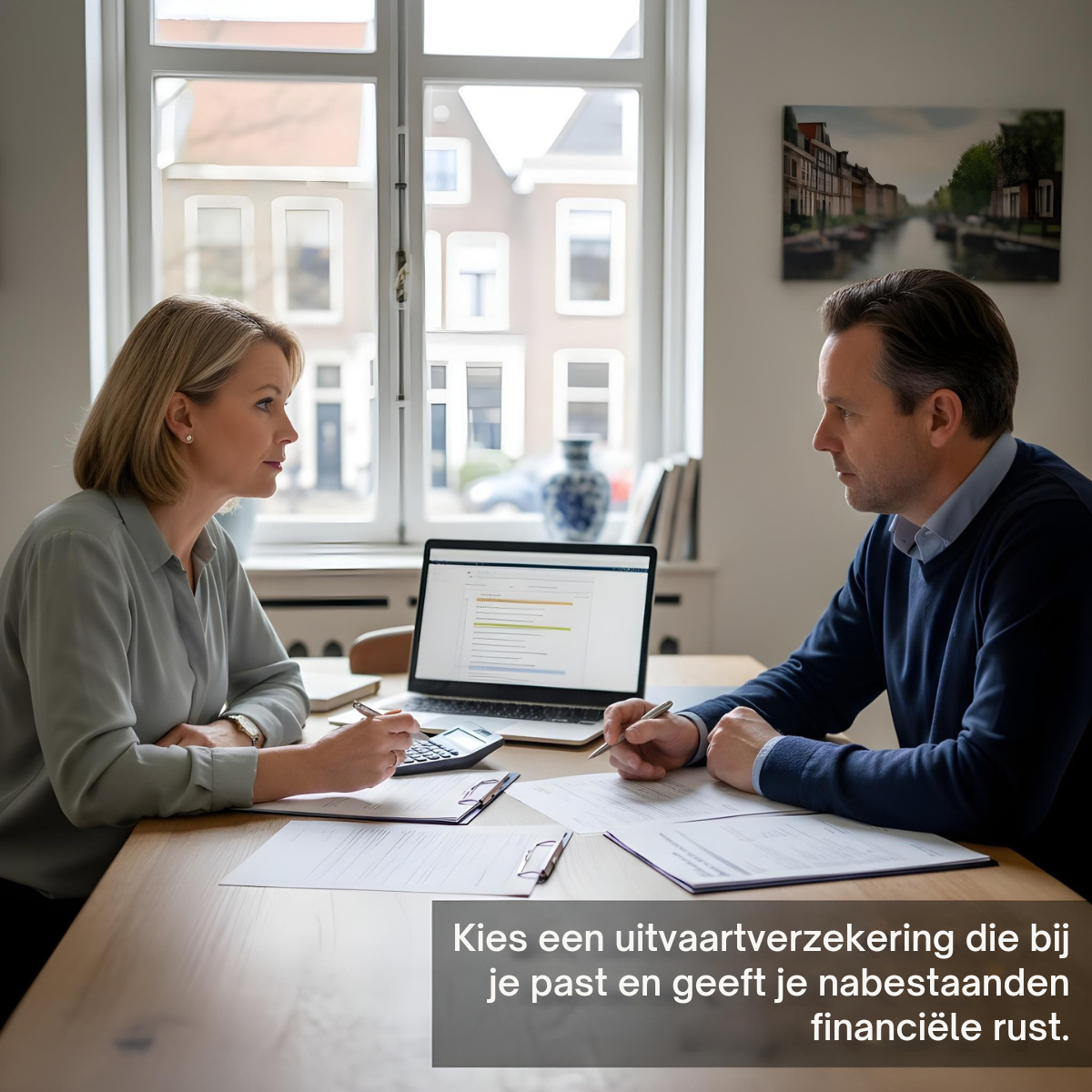 Man and woman talking across a table with documents, laptop and calculator in a Dutch home, text in a grey box bottom right.